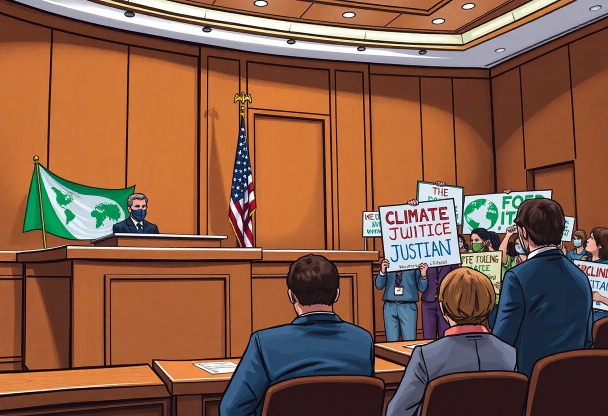 Judge in a courtroom addressing climate law issues with activists outside