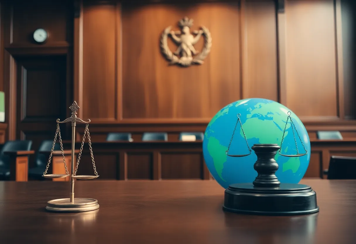 Artwork depicting a courtroom with elements representing climate justice and sustainability.