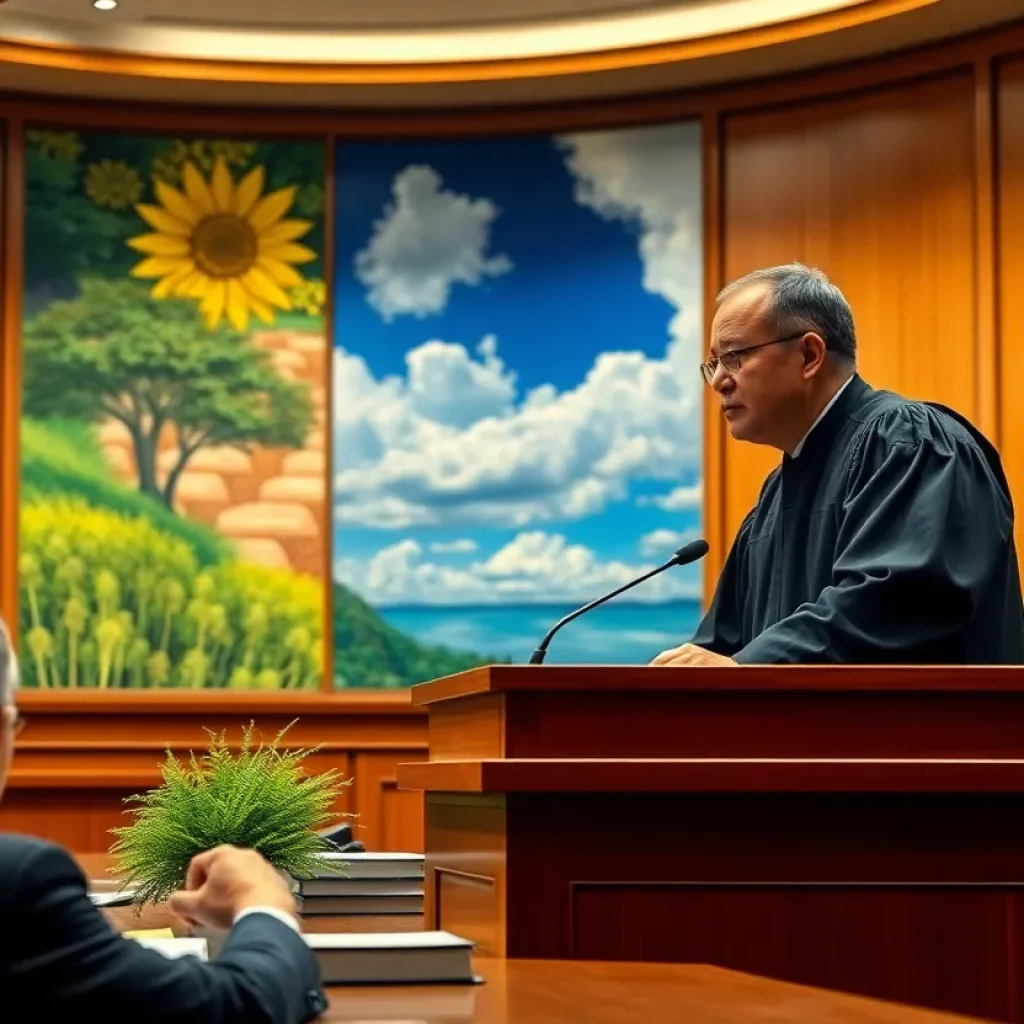 Judge assessing climate policy implications in a courtroom.