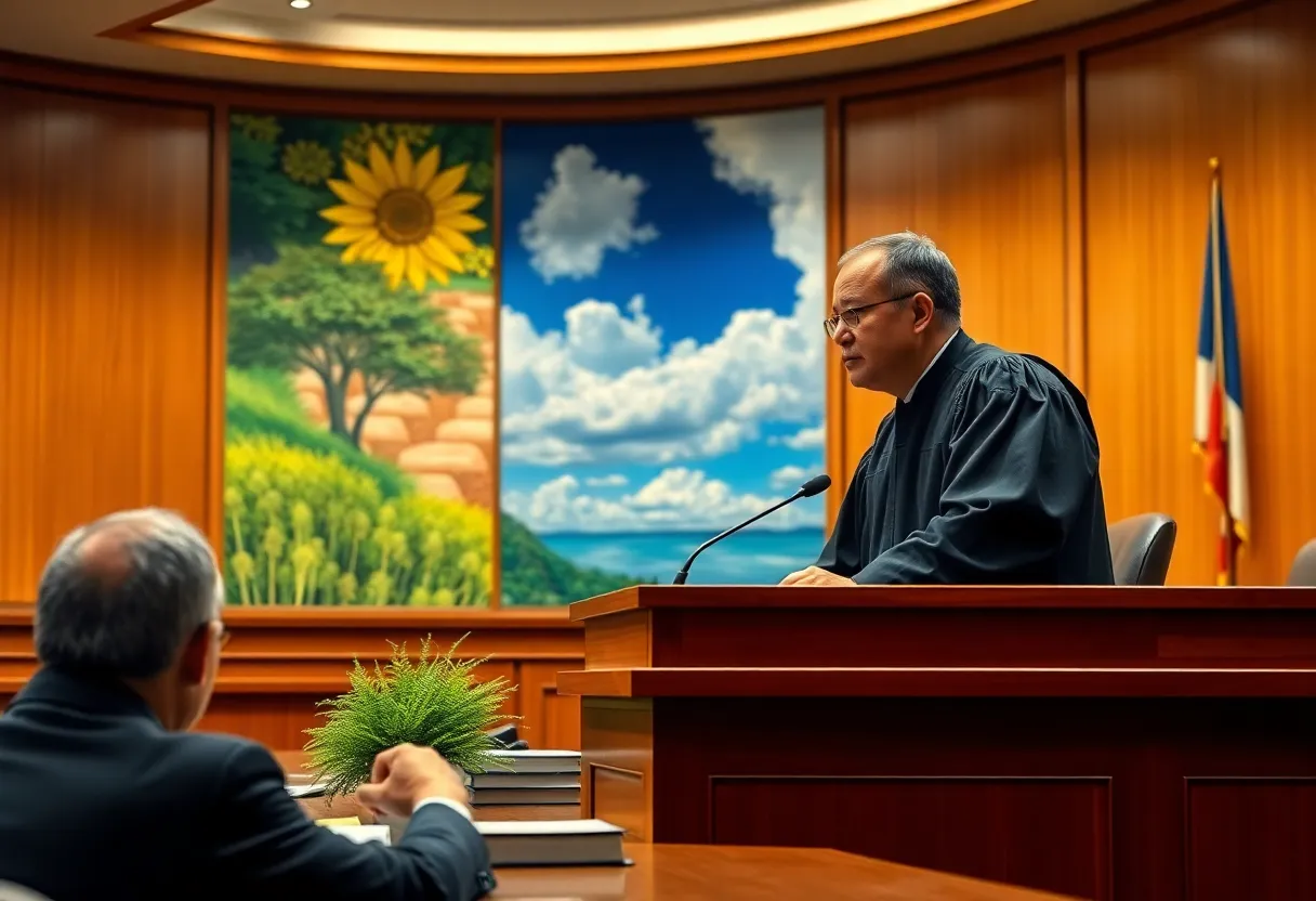 Judge assessing climate policy implications in a courtroom.