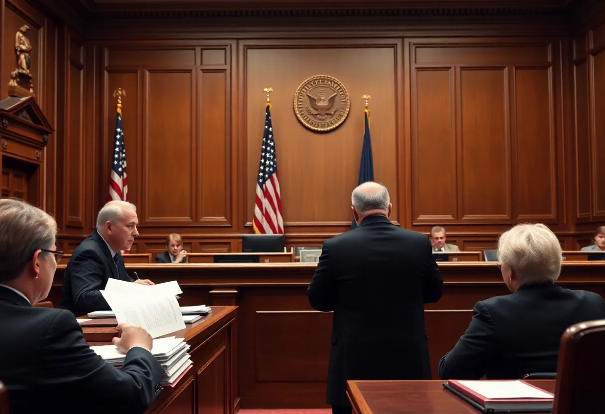 A courtroom with judges discussing a major legal ruling.