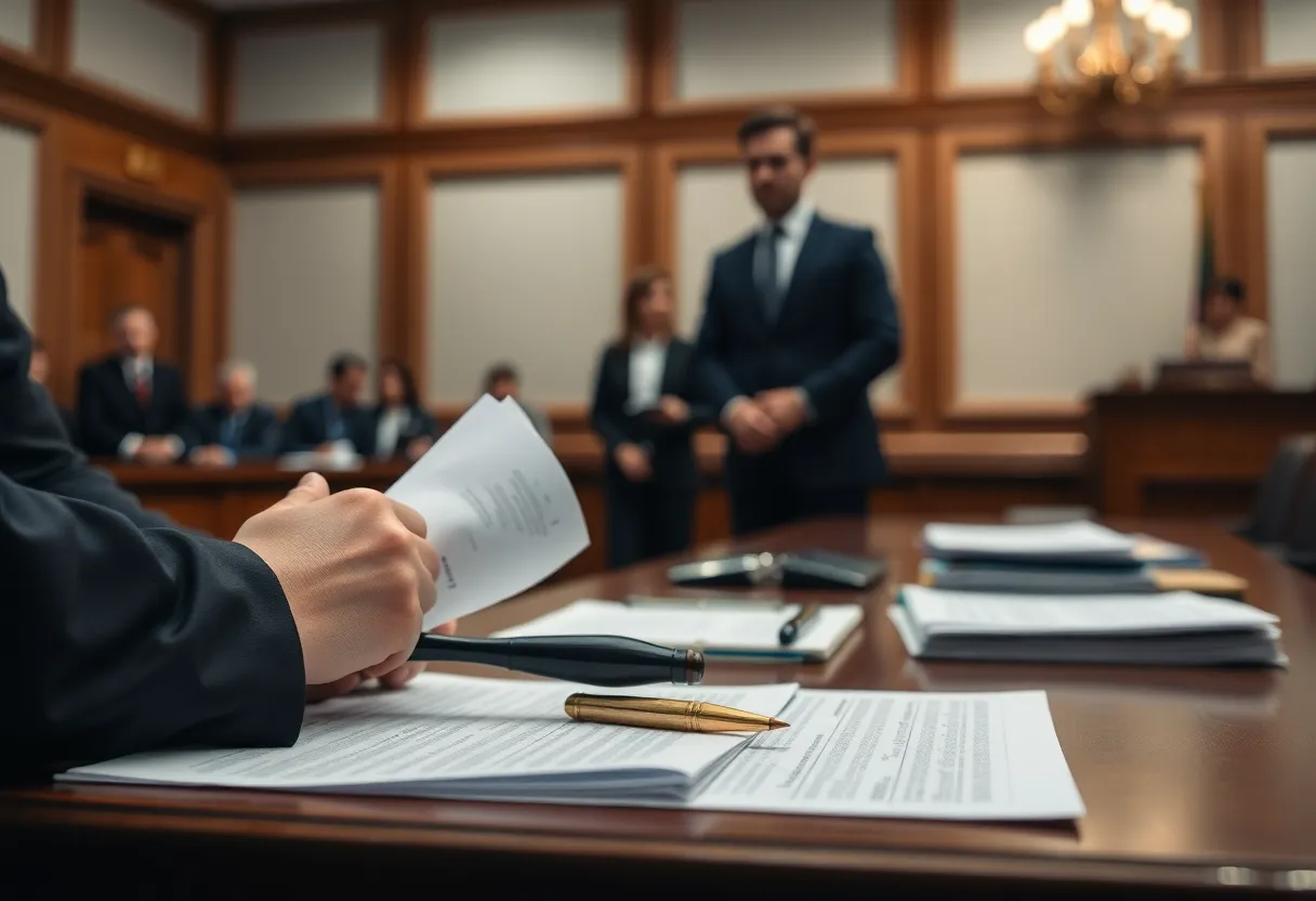 Courtroom interior showing legal proceedings related to insurance fraud