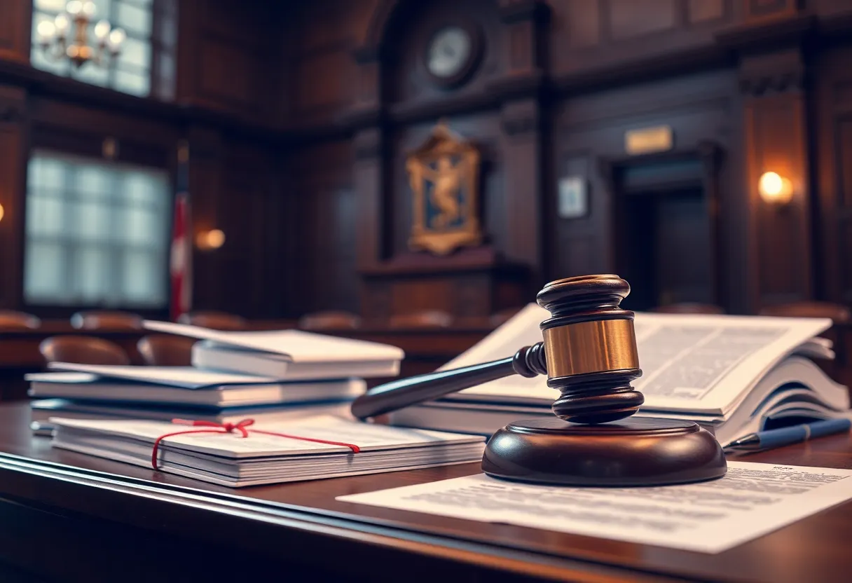 A courtroom scene representing legal investigations and tensions without depicting individuals.