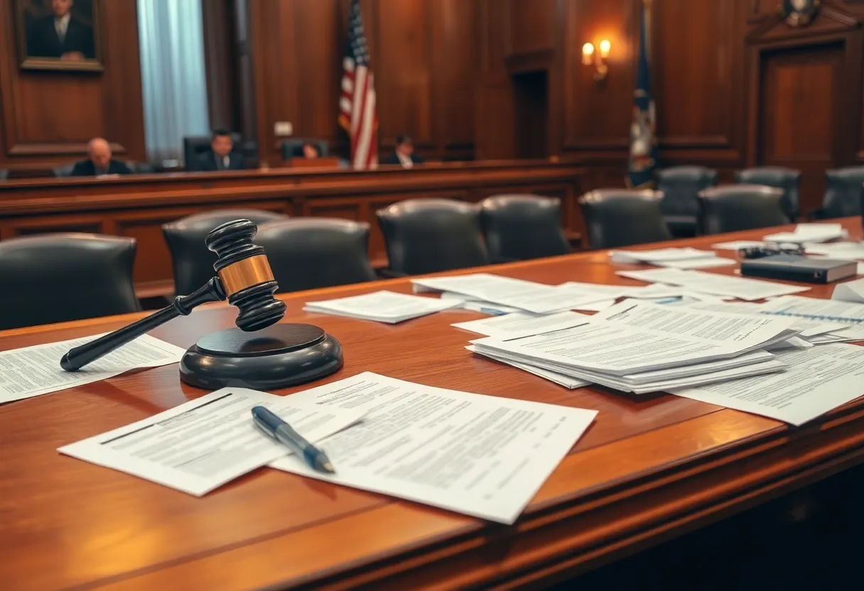 Courtroom with legal documents representing legal battles