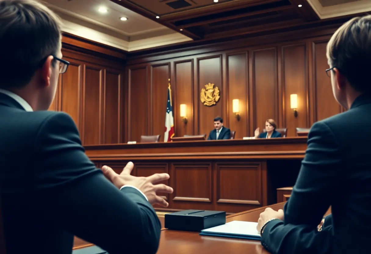 Courtroom scene depicting legal proceedings