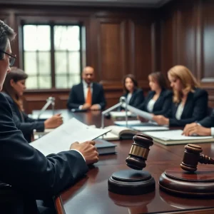 A courtroom with legal symbols representing justice and immigration challenges.