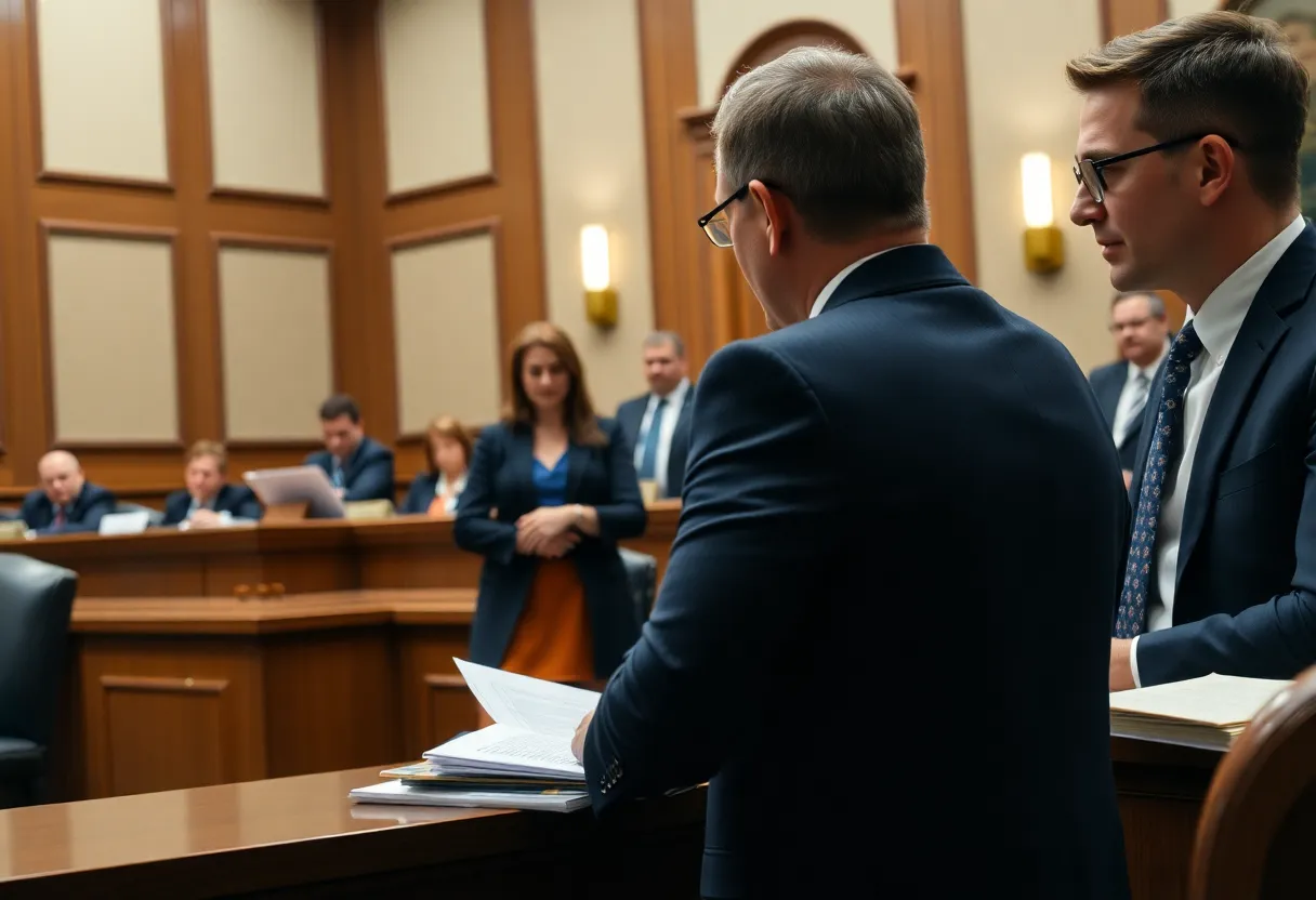 Courtroom scene with legal professionals deliberating