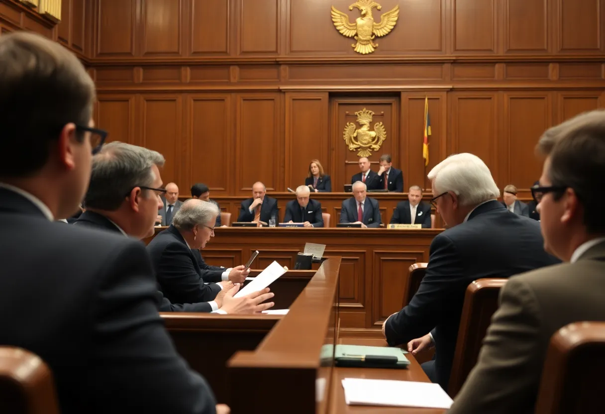 A courtroom scene depicting legal discussions about a fraud ruling.