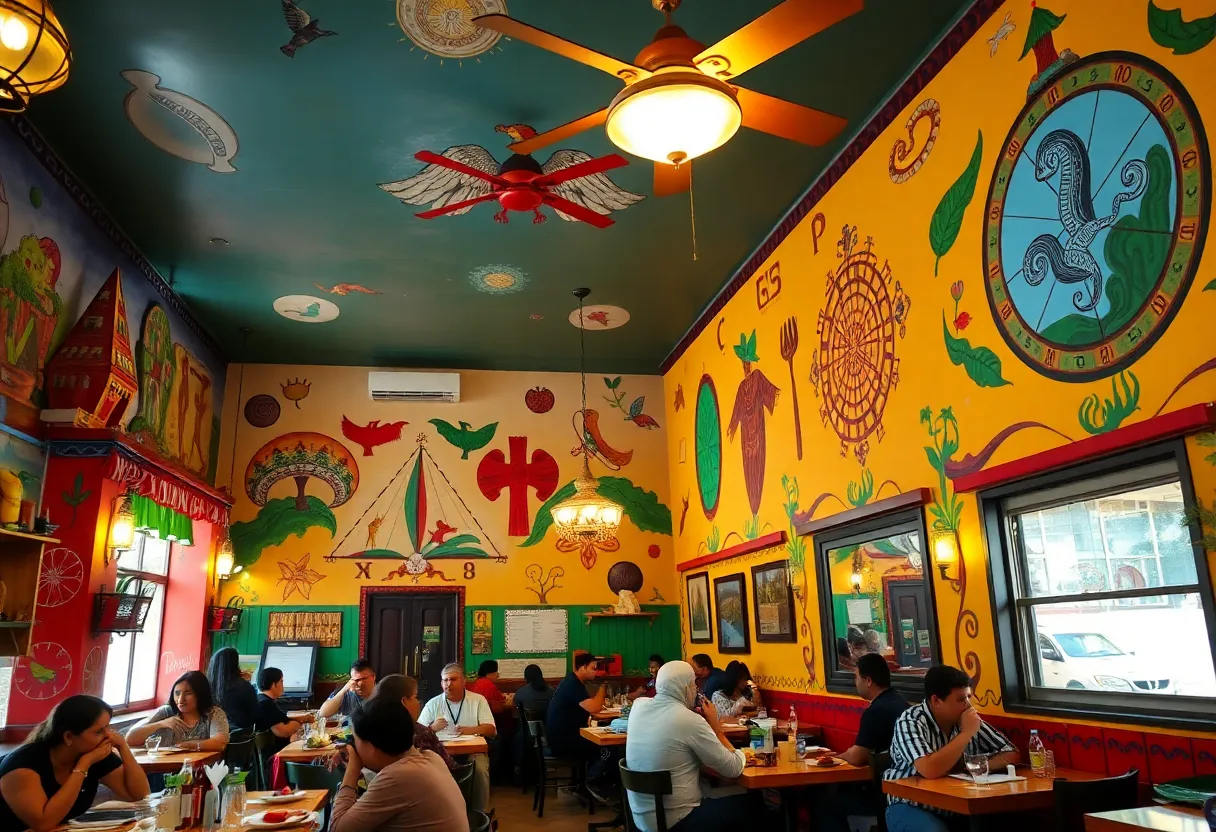 Interior view of Cuerno New York showing diners and cultural motifs