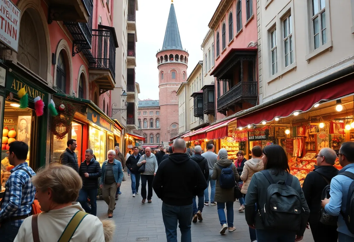 Tourists exploring a vibrant Istanbul street market.