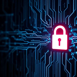 An abstract representation of a cybersecurity breach with data flow and lock symbols.
