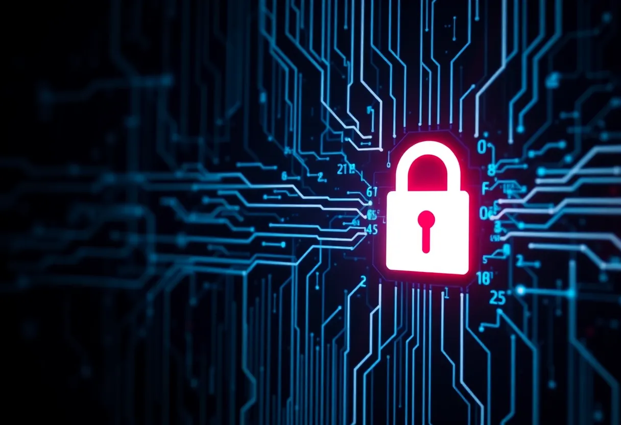 An abstract representation of a cybersecurity breach with data flow and lock symbols.