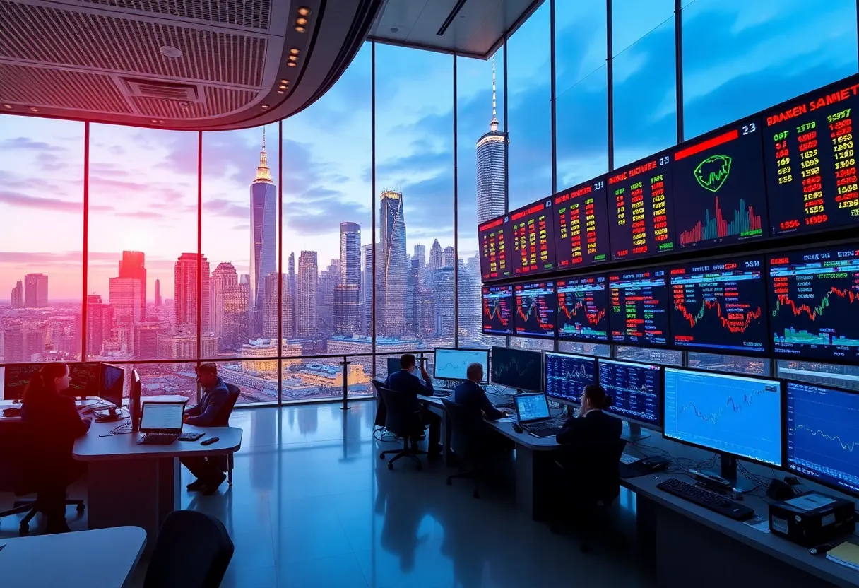 A bustling financial trading environment in Dallas with a skyline view.