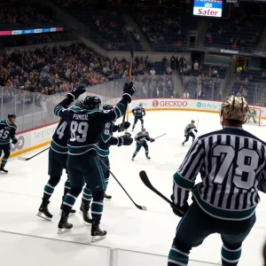 Detroit Red Wings players celebrating a goal on the ice