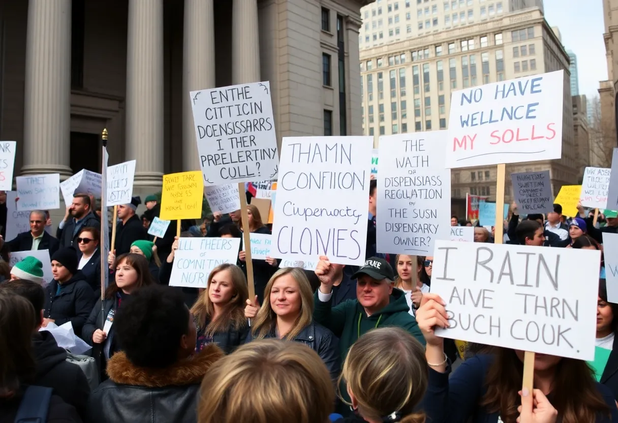 Crowd of dispensary owners rallying at City Hall in New York City