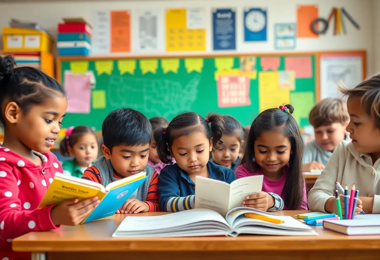 Students of various backgrounds working together in a classroom.