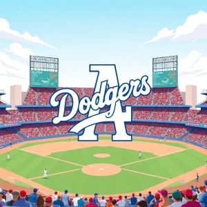 Los Angeles Dodgers logo displayed in a packed baseball stadium