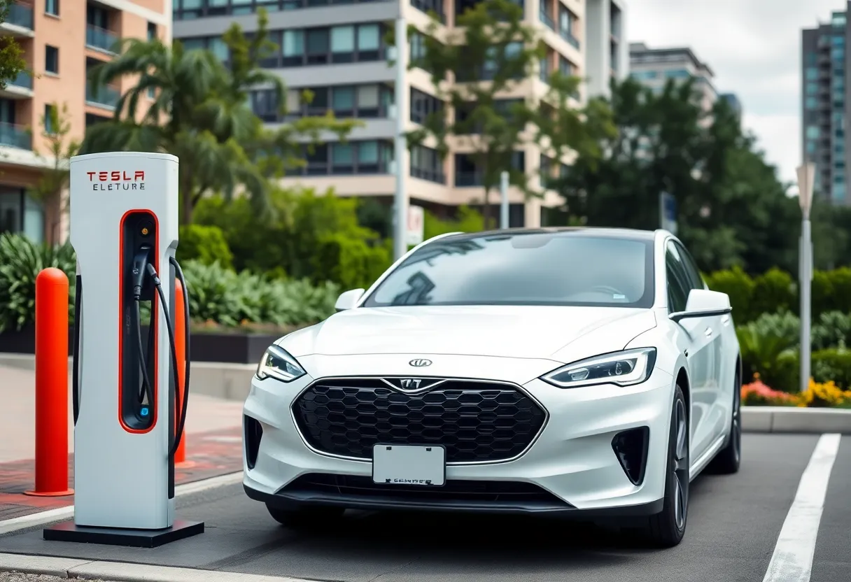 Electric vehicle chargers at a modern charging station in New York City