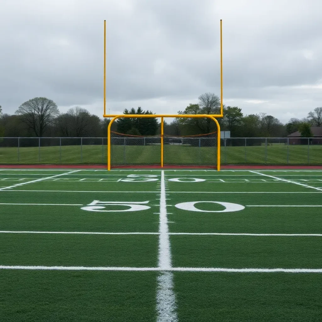Empty high school football field reflecting the need for safety awareness in youth sports.
