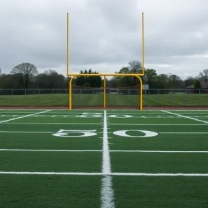 Empty high school football field reflecting the need for safety awareness in youth sports.