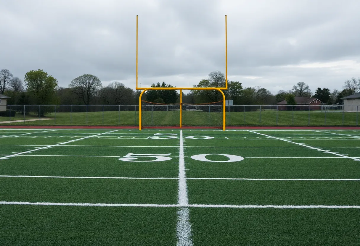 Empty high school football field reflecting the need for safety awareness in youth sports.