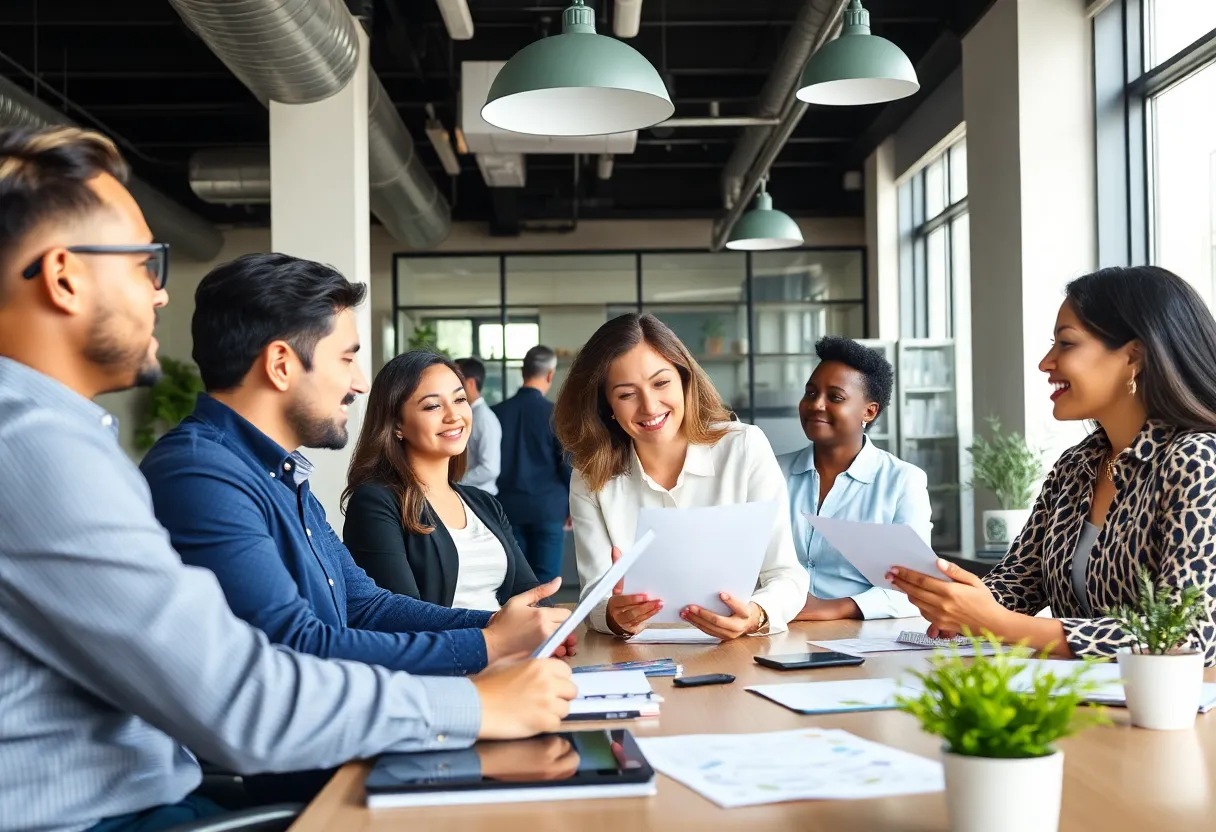 Real estate agents collaborating in a bright office