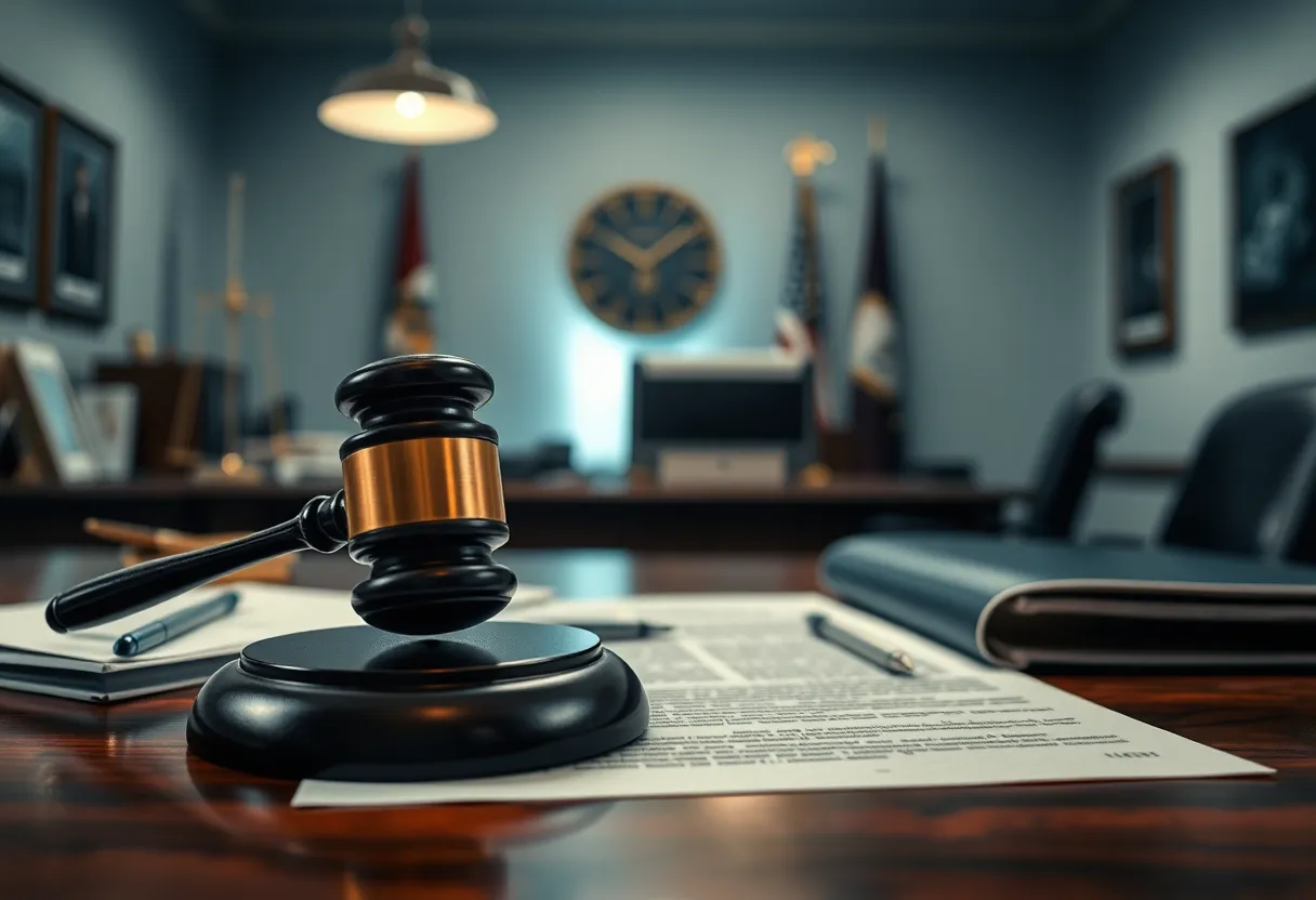 An investigation scene with legal documents and gavel
