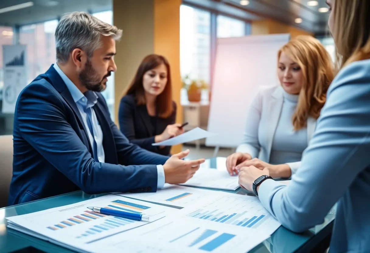 Financial advisors collaborating in an office setting.