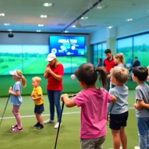 Children participating in junior golf clinics at an indoor golf facility.