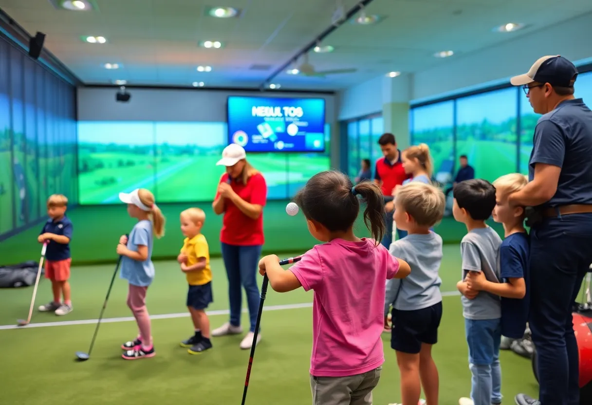 Children participating in junior golf clinics at an indoor golf facility.