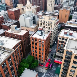 Aerial view of Midtown South highlighting the Garment District with residential and commercial buildings.