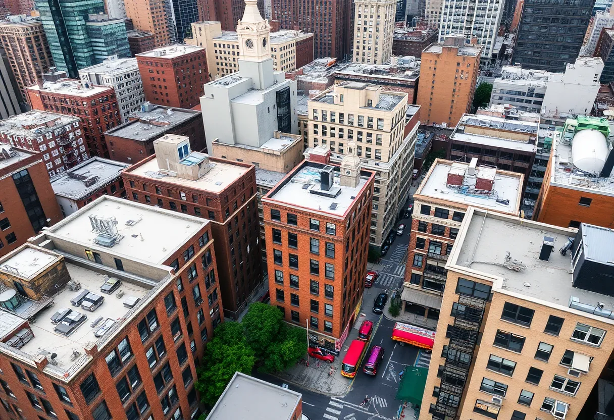 Aerial view of Midtown South highlighting the Garment District with residential and commercial buildings.