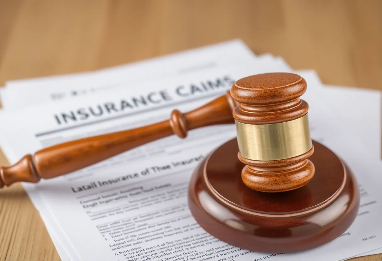 Legal gavel on insurance claim forms representing a fraud lawsuit