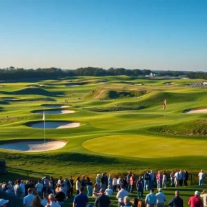 A scenic view of a golf course with lush greens and dramatic bunkers