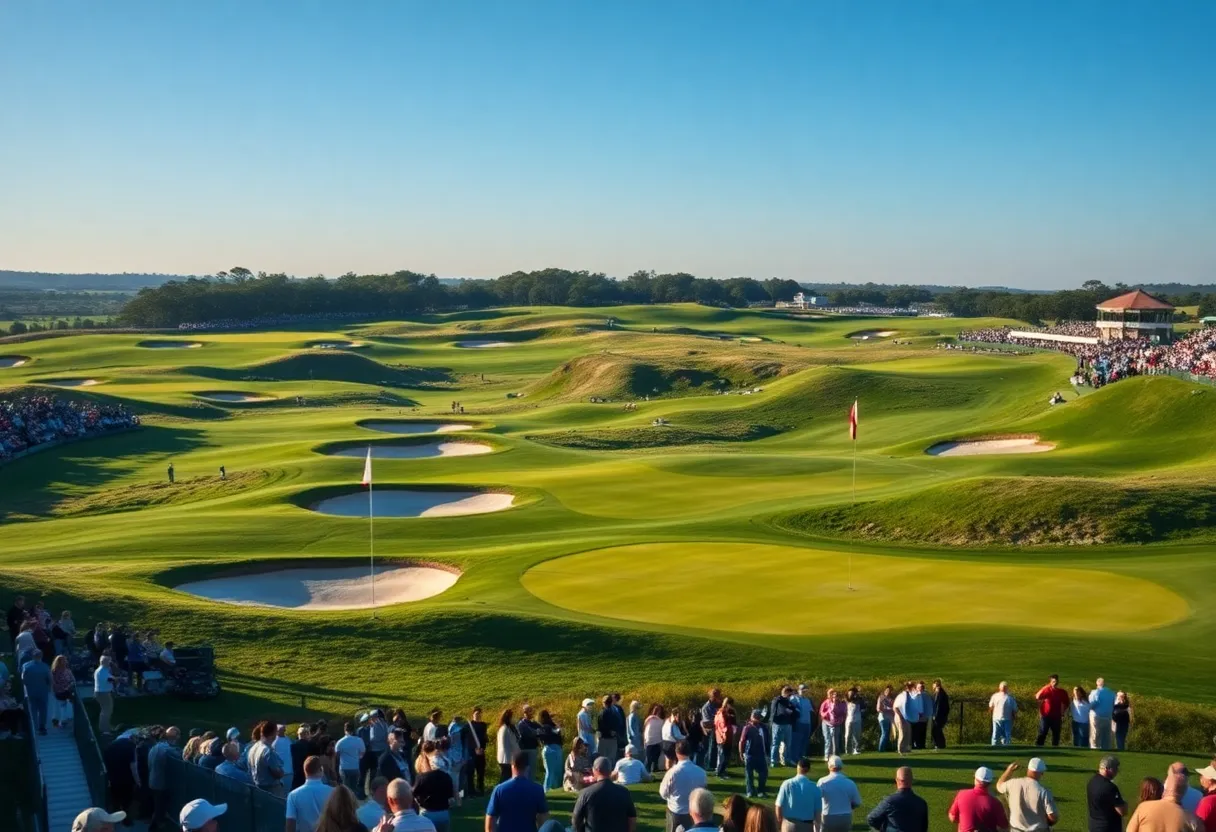 A scenic view of a golf course with lush greens and dramatic bunkers