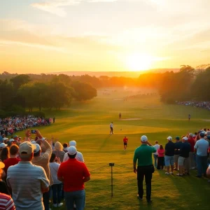 Sunrise view of a golf course with fans enjoying the atmosphere