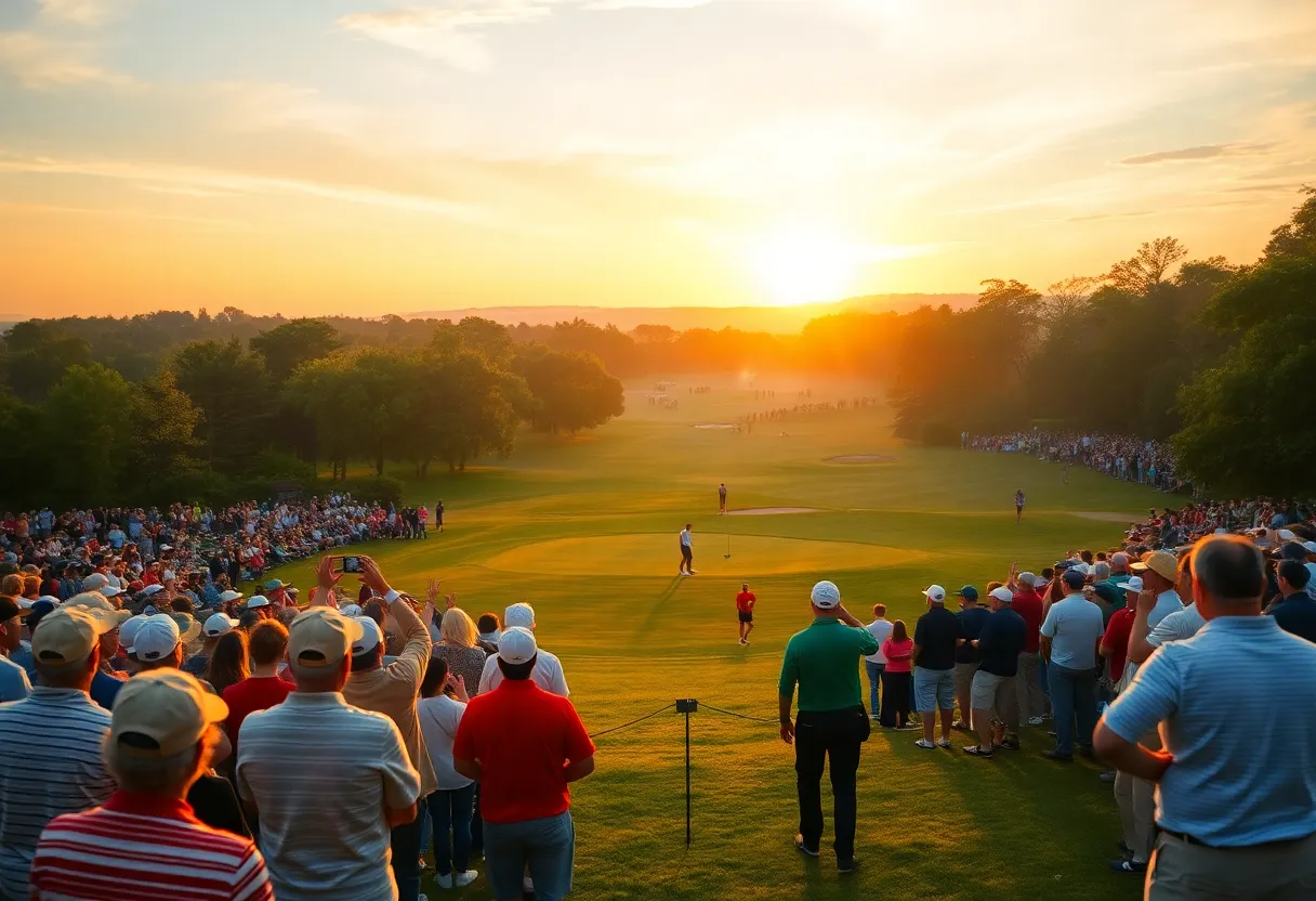 Sunrise view of a golf course with fans enjoying the atmosphere