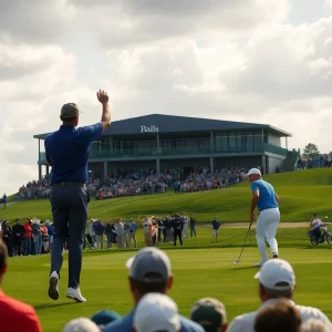 Competitive golf playoff scene with players and spectators.