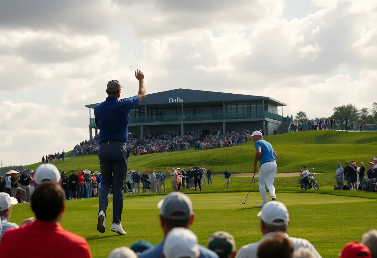 Competitive golf playoff scene with players and spectators.