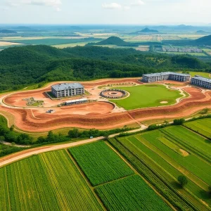 Aerial view of a golf resort construction site with agricultural lands nearby in Vietnam