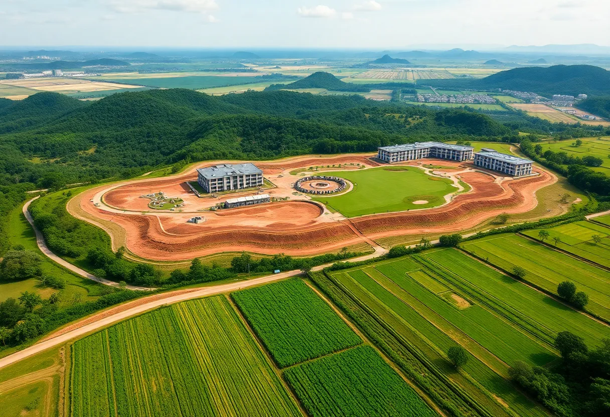 Aerial view of a golf resort construction site with agricultural lands nearby in Vietnam
