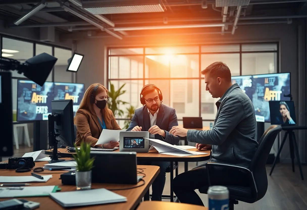 Journalists collaborating on visual storytelling in a newsroom