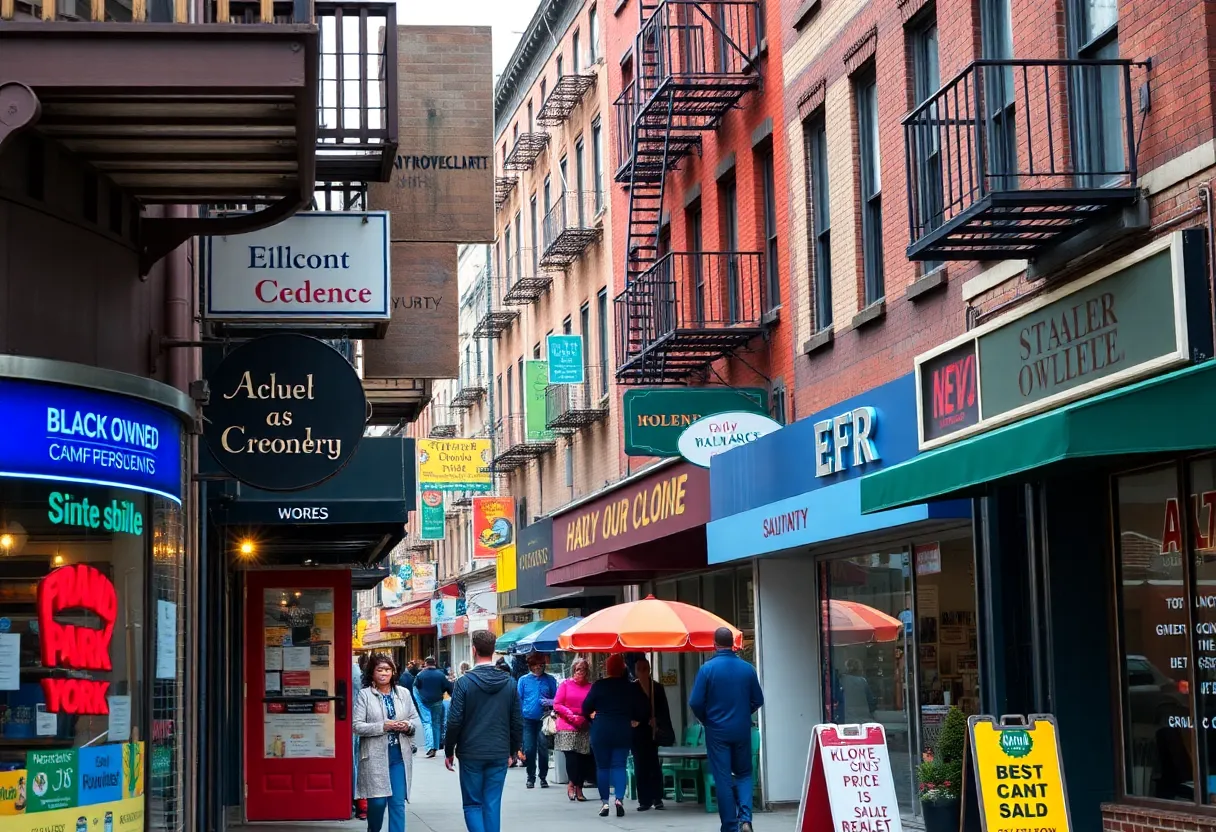 Colorful storefronts of Black-owned businesses in Harlem