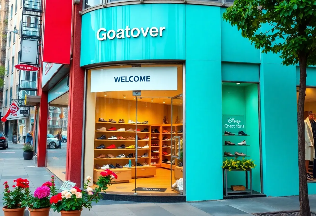 The storefront of Harry's Shoes showcasing shoes and a welcoming entrance