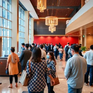 Hotel staff engaging with guests in a busy lobby environment