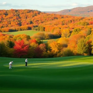 Golfers playing in the picturesque Hudson Valley golf course surrounded by autumn colors.