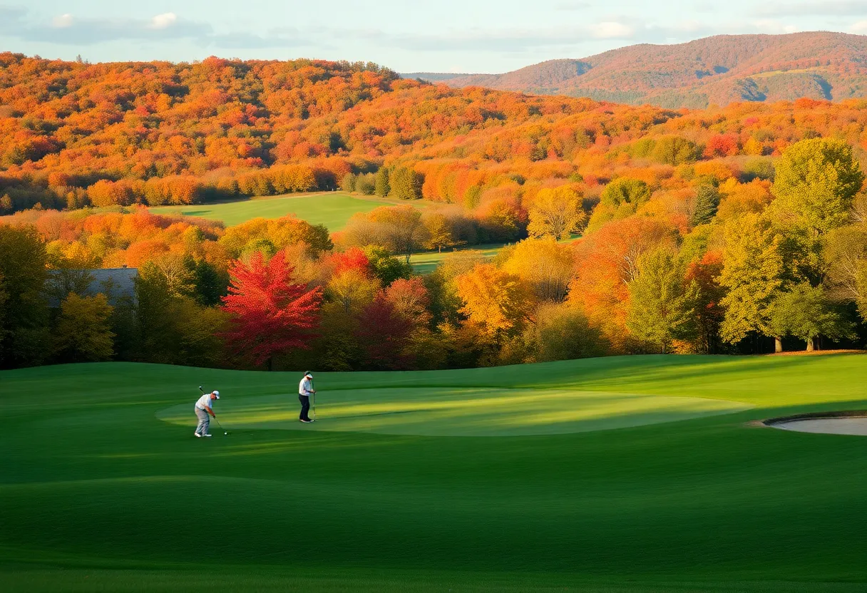 Golfers playing in the picturesque Hudson Valley golf course surrounded by autumn colors.