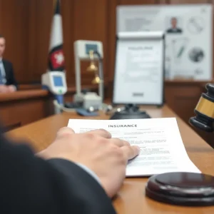 Illustration of a courtroom focused on an insurance fraud lawsuit