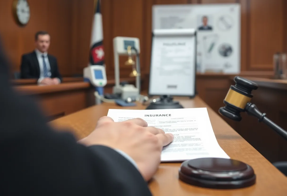 Illustration of a courtroom focused on an insurance fraud lawsuit