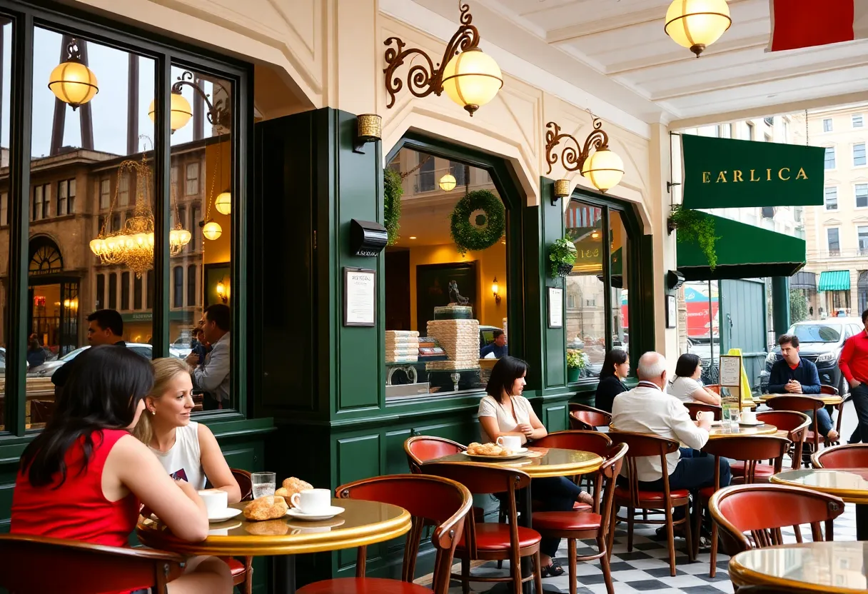 Interior of La Tazza D’Oro Café showcasing customers enjoying coffee.